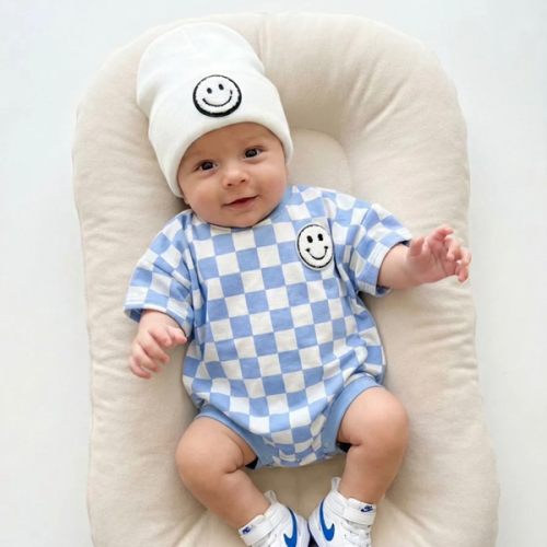 Short Sleeve Bubble Romper | Checkered Smiley Blue