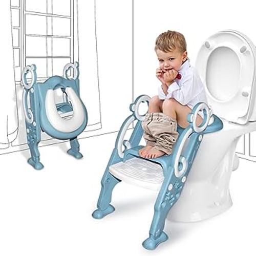 GrowthPic Toddler Potty Training Seat with Step Stool Ladder – Foldable Toilet Trainer with Splash Guard for Boys & Girls, Height Adjustable, Fits Standard & Elongated Toilets (Blue)