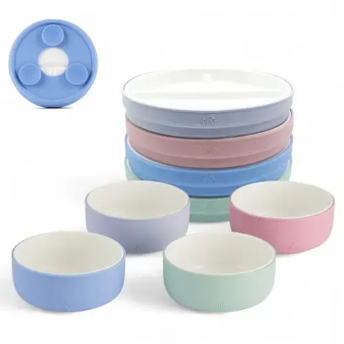Kids Porcelain Mealtime Bundle | Suction Sleeves | 6.7" Plates + Bowls | 8 Pcs | Blush/Lilac/Sage/Misty Blue