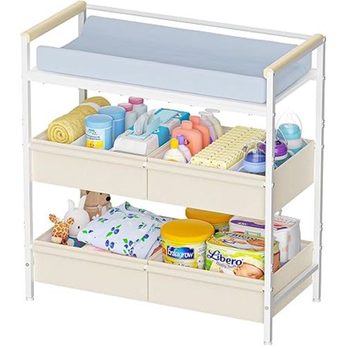 Baby Changing Table with Safety Bumper, Sturdy Diaper Change Station with Adjustable Devider in Large Storage Bin, Nursery Dresser for for Cloth Change, Baby Furniture Diaper Organizer,White