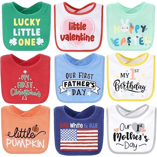 The Peanutshell Baby Boy or Girl Terry Bibs Set of 9-100% Cotton, Soft, Absorbent Baby Bibs for Boys and Girls, Unisex Toddler Set, Newborn & Infant - Holiday