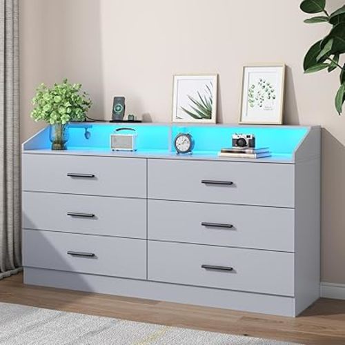 6 Drawer Dresser with Power Outlet, Chest of Drawer with LED Light, Modern Dresser with Open Storage Cubby, Double Wide Dressers Organizer for Bedroom, Living Room, Entryway, Hallway (Grey, 6 Drawers)