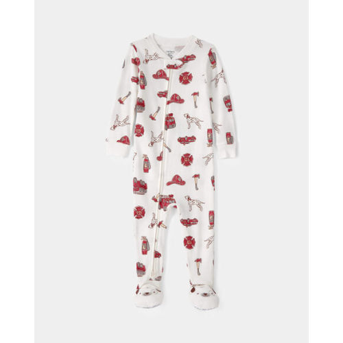 Toddler Boy Firetruck 100% Cotton Snug Fit 1-Piece Pajama - White | Carter's