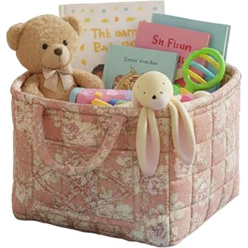 Mo&Cy Fabric Storage Basket with Handle – Collapsible Quilted Boho Floral Organizer for Laundry Room Organization,Clothes Basket,Toy Organizers and Storage,Diaper Caddy Basket(Soft Pink)