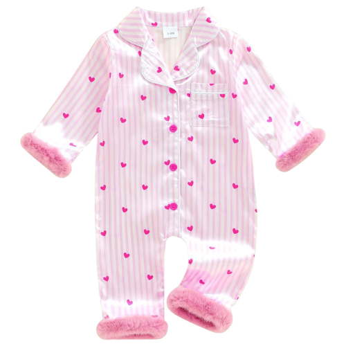 Ulanda Baby Girl Striped Silk Pajamas Button Down Feather Trim Long Sleeve Satin Pjs One Piece Jumpsuit (Pink, 3-6 Months)