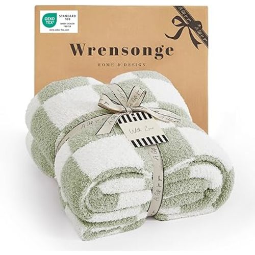 WRENSONGE Checkered Throw Blanket, Sage Green Soft Cozy Fluffy Hand Made Throw Blankets for Couch, Sofa, Chair, Bed, Camping, Picnic, Travel Lightweight Bed Blankets for Women Mothers Birthday Gifts