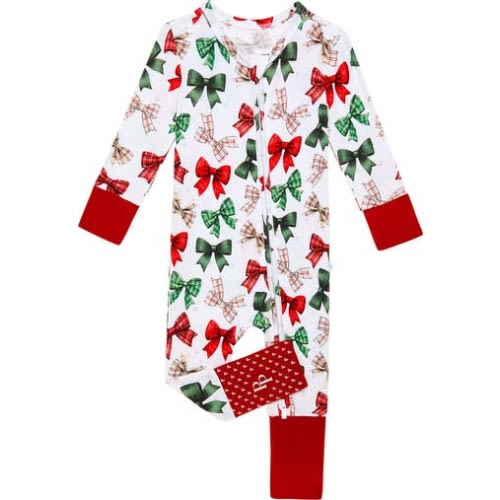 Bow Print Fitted Convertible Footie Pajamas, 6-9M