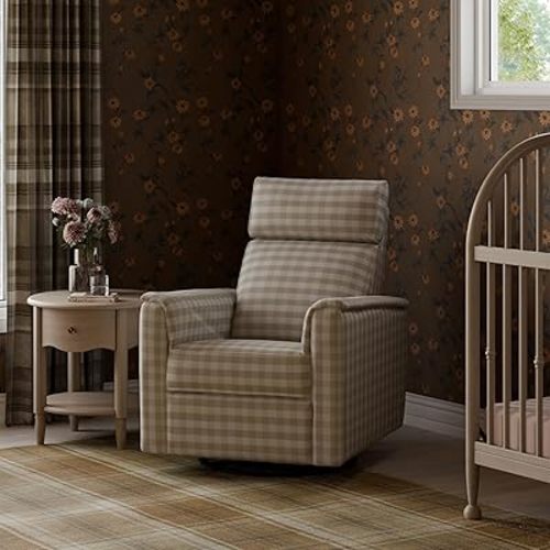 Namesake Willa Plus Power Glider Recliner w/Power Headrest in Tan Gingham, Greenguard Gold Certified