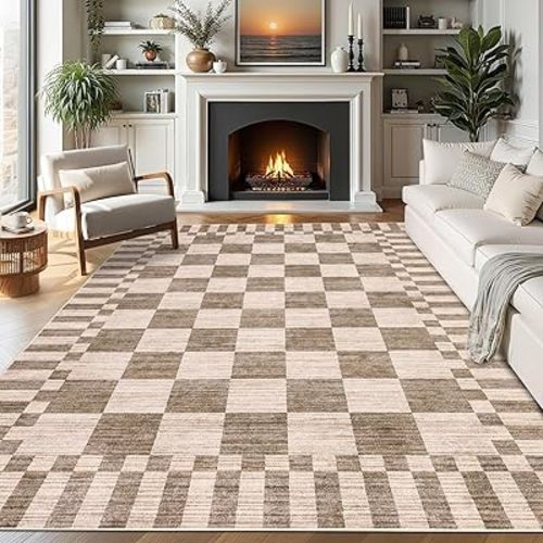 GarveeHome 8×10 Area Rugs for Living Room,Modern Brown Checkered Rug,Geometric Tan Brown Print Non-Slip Washable Farmhouse Checkerboard Rugs for Bedroom Dining Room Office
