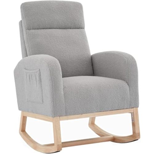 IDEALHOUSE Nursery Rocking Chair, Upholstered Glider Rocker with High Back & Side Pocket, Comfy Nursing Chair for Breastfeeding, Padded Nursery Armchair for Baby Room, Bedroom & Living Room,