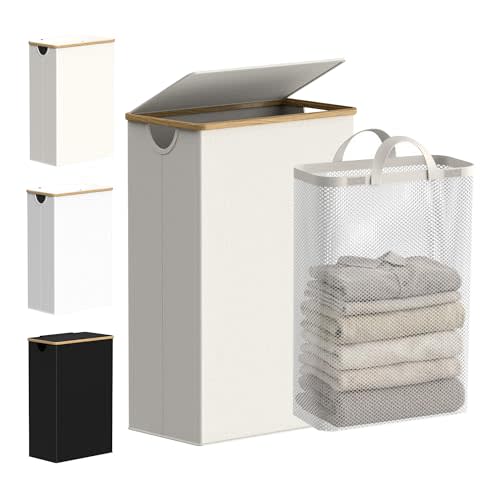efluky Slim Laundry Basket with Lid, Narrow Laundry Hamper with Removable Bag, Skinny Dirty Clothes Basket with Bamboo Handles for Bathroom, Bedroom & Laundry Room, 75L Beige