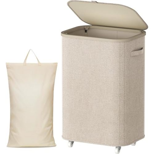 Lifewit 85L Plastic Laundry Basket with Lid, Large Clothes Hamper with Wheels and Removable Bag, Tall Collapsible Rolling Storage Bin for Dorm Bedroom Bathroom, Beige