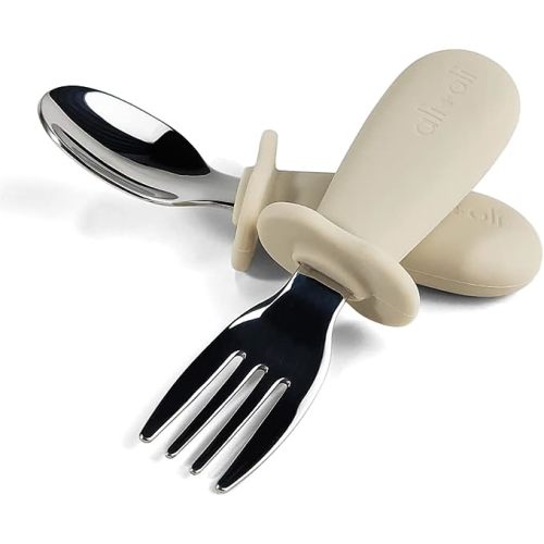 Ali+Oli Spoon & Fork Learning Set for Toddlers (Khaki) 6m+ Grab Easy BPA Free Food-Grade Silicone Handle, Kids Silverware Self Feeding Baby Utensils, Multi-stage Baby Feeding Set Ergonomic Design
