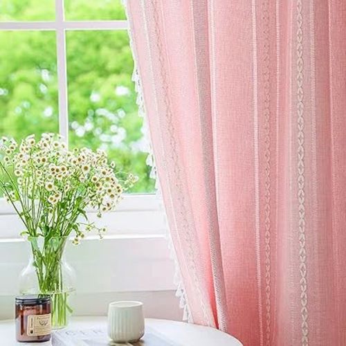 Deeprove Pink Boho Curtains 84 Inches Long for Bedroom Nursery, Privacy Bohemian Chic Textured Embroidery, Vintage Handmade Tassels Country Decor Drapery, Rod Pocket, 1 Panel W52 x L84, Blush