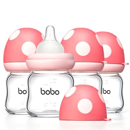YOHKOH Natural Glass Baby Bottle with Level 1 Slow Flow Nipple, Newborn Anti-Colic Baby Bottles, Wide Neck Mushroom Baby Glass Bottle (3.4oz (Pack of 4), Red)
