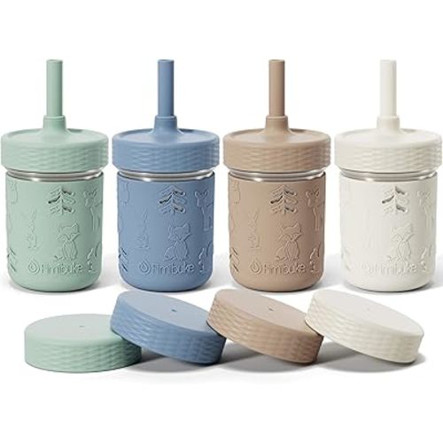 Fimibuke Toddler Cups Spill Proof, 8 OZ Sippy Cups for Toddlers Kids Girl Boy, Leak Proof Stainless Steel Tumbler with Lids, Silicone Straw & Sleeve, BPA Free Dishwasher Safe Snack Containers, 4 Packs