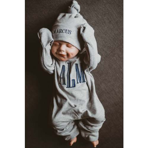 Baby boy coming home outfit, newborn boy outfit, monogrammed footie, baby shower gift, newborn photos, gray romper