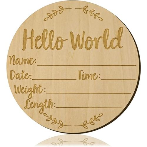Baby Announcement Sign, 5.9 inch Hello World Newborn Sign Round Wooden Milestone Baby Nursery Name Birth Signs for Hospital and Pregnancy Announcements