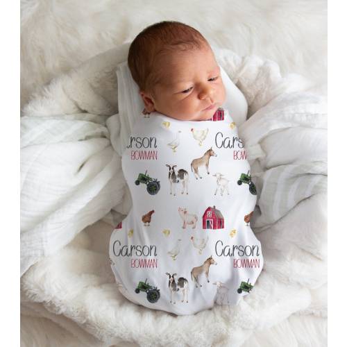 Farm Swaddle Blanket, Personalized Farm Baby Swaddle Blanket, Customized Swaddle Blanket, Farm Nursery, Farm Baby Shower Gift, Cow Blanket