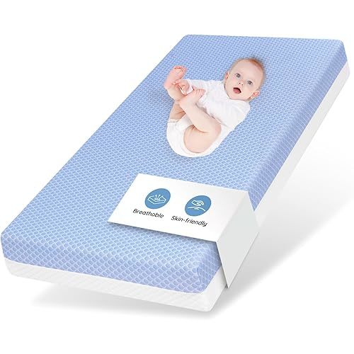 Crib Mattress Dual Sided Memory Foam Baby Toddler Bed Mattress, 52" x 27.6" x 5.5" Soft Breathable Mattresses with Removable Machine Washable Cover, Fits Standard Cribs&Toddler Beds, White&Blue