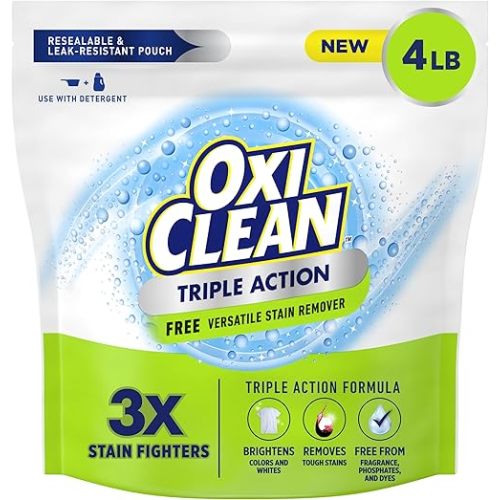 OxiClean Triple Action Free Versatile Stain Remover Powder, Use with Detergent, No Fragrance, No Dyes, No Phosphates, No Chlorine, Removes Stains, Brightens Colors and Whites, 4 lbs