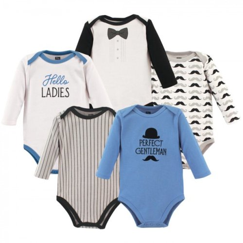Hudson Baby Infant Boy Cotton Long-Sleeve Bodysuits 5pk, Perfect Gentlemen, 3-6 Months