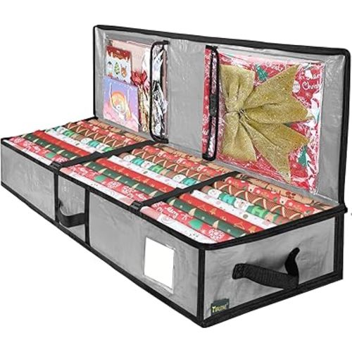 BALEINE Soft Christmas Wrapping Paper Storage Bag, 40" Durable PE Gift Wrap Storage Bag with Flexible Partitions and Pockets for Ribbon, Accessories (Grey)