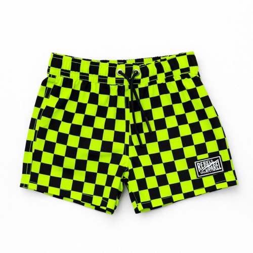 Hybrid Swim Trunks in Neon Electric Lime + Black Checkered || PREORDER