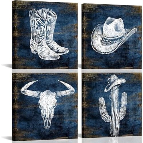 KLVOS Navy Blue Cowboy Wall Art Décor Hat and Boots Painting Cactus Bull Skull Canvas Art Prints Western Picture for Man Cave Room Decor 12x12inchx4 Piece