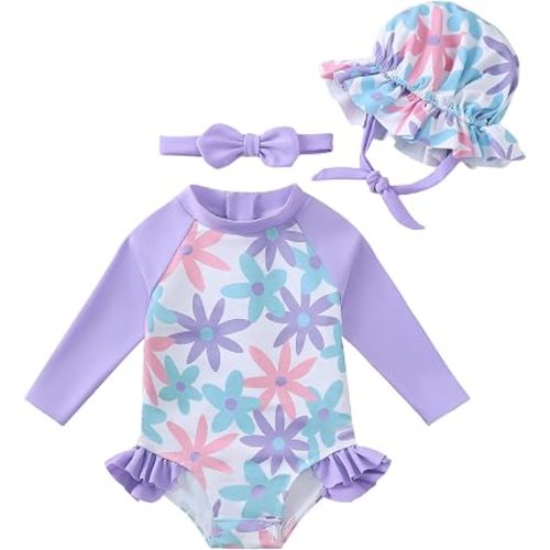 Baby Girls Swimsuit Summer Infant Girl Bathing Suit Zipper Long Sleeve One-Piece Rash Guard Swimwear with Hat 3M-3Y