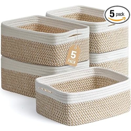 5 Pack Small Woven Storage Baskets for Shelves, Gift Baskets Empty | 11.8"x7.9"x4.7", Decorative Cotton Rope Baskets Organizer, Soft Storage Bins for Organizing Bathroom, Closet, Nursery, Khaki