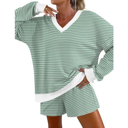 AKEWEI Womens Pajama Sets V Neck Long Sleeve Top and Shorts Cozy Loungewear with Pocket