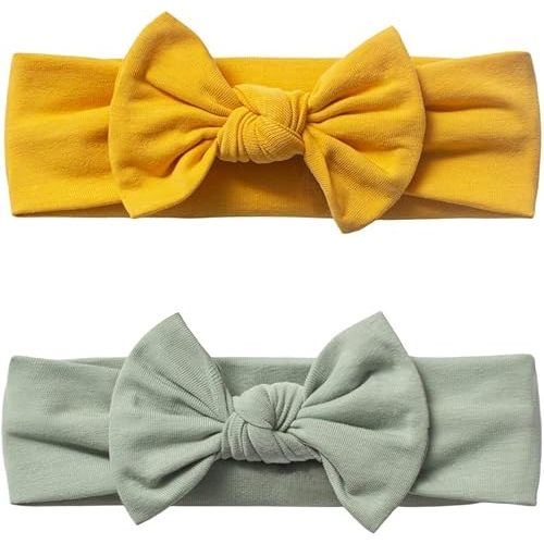 Baby Girl Headbands-Infant,Toddler Cotton Handmade Hairbands with Bows Child Hair Accessories (2, Linden Green- Mustard, 3-36 Month)