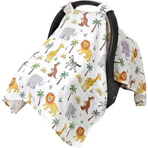 Rquite Car Seat Cover Baby Girl Boy, Muslin Cotton Carseat Covers, Breathable Infant Canopy/Baby Carrier Cover/Stroller Sun Shade, Fit Spring Summer & Hot Days & Warm Weather