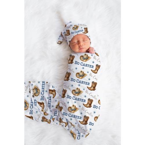 COWBOY SWADDLE SET, Baby Boy Western Swaddle Blanket Infant Boy Personalized Blanket Hat Set, Cowboy Baby Hospital Blanket Western Baby Gift