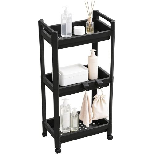 3 Tier Rolling Cart, Plastic Bathroom Organizer Utility Cart(Black)