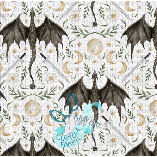 Dragon's Vigil in Cream - Custom Print Fabric - Novelty Dragon Prints
