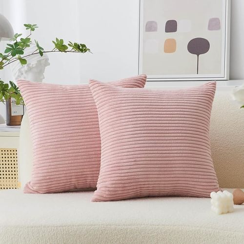 Home Brilliant Throw Pillow Covers Pink Couch Pillow Covers 18x18 Decoration Supersoft Striped Velvet Corduroy Decorative Pillowcases for Bedroom Girls Gift, 18 x 18 inch, Baby Pink