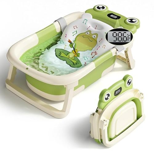 Baby Bathtub, Collapsible Newborn Bathtub for Infant to Toddler with Soft Cushion and Thermometer,Portable Travel Newborn Tub with No-Slip Feet, Baby Shower Gifts, 0-12 Months Baby Bath, Green