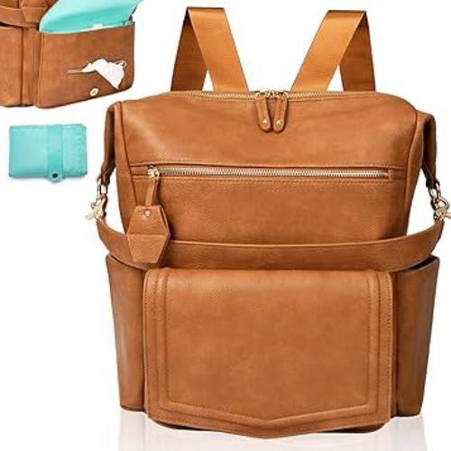 MOMINSIDE Diaper Bag - Leather Convertible Backpack Hobo, Large Mom Baby Bag, 14 Pockets, 6 Bottle, Wipes, Insulated (Brown)
