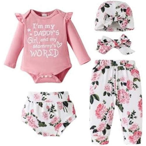 SUNNY PIGGY Baby Girl Clothes Infant Newborn Girls Outfits Romper with Headband Hat Pants Shorts Set 5Pcs