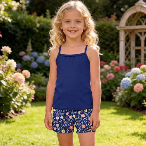 Tdoqot Girls Summer Outfit Sets 2 Piece- Soft Cute Casual Halter Tank Tops and Floral Shorts Kids Clothes Dark Blue Size 8