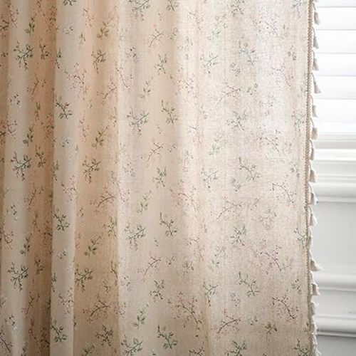 JOOJA Floral Boho Curtains 2 Panels Semi-Blackout Vintage Window Drapes for Living Room 84 Inches Long Floral Patterned Farmhouse Curtains Rod Pocket Beige Curtains with Tassels for Bedroom 59x84