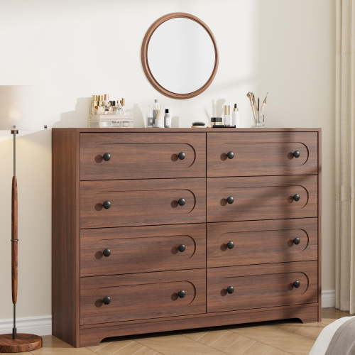 Kicctian 55" Wide Wooden Dresser with 8 Deep Drawers, Metal Knobs, Ample Storage for Bedroom, Living Room, Hallway - Walnut Color