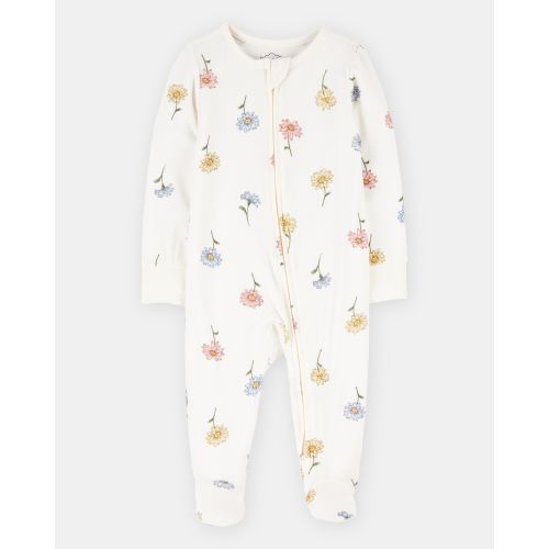 Baby Girl Floral Print 2-Way Zip PurelySoft Sleep & Play Pajamas - Ivory