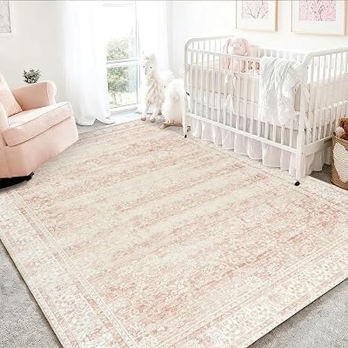 Nursery Rug for Baby Girl,Neutral Blush Pink Boho Cute Floral Foldable Machine Washable Soft Faux Wool Carpet Area Rugs for Living Room Bedroom Dorm Kids Playroom,5x7