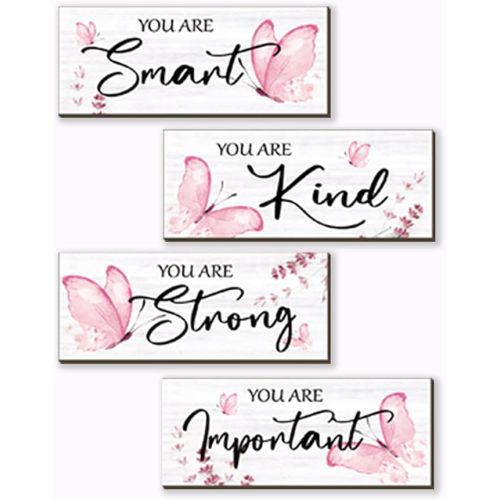 DONFENTHY 4 Pcs Butterfly Wall Decor Pink Room Decor Wooden Positive Butterfly Decor with Inspirational Word Sign for Teen Girls Women Room Bathroom Bedroom Office(Pink,10x4 Inch)