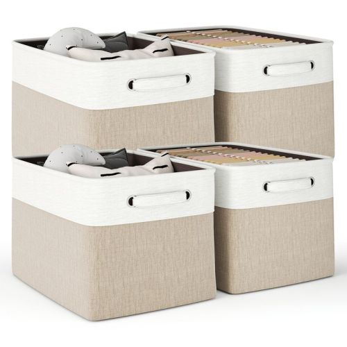 SUGIFT 4 Pcs Collapsible Storage Baskets with Handles Linen Fabric Organizer Bin with Metal Frame and Hard Bottom for Clothes Toys Books