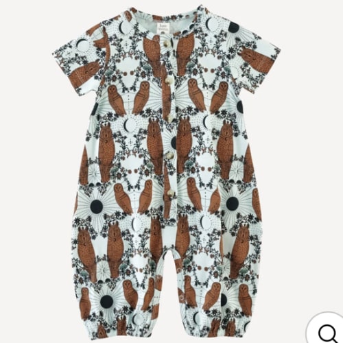 short sleeve button bubble jumpsuit | rust mystical owl | organic cotton jersey
