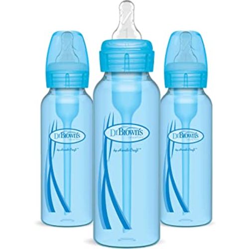Dr. Brown’s Natural Flow® Anti-Colic Options+™ Narrow Baby Bottle,Blue, 8oz/250mL, with Level 1 Slow Flow Nipple, 6-Pack